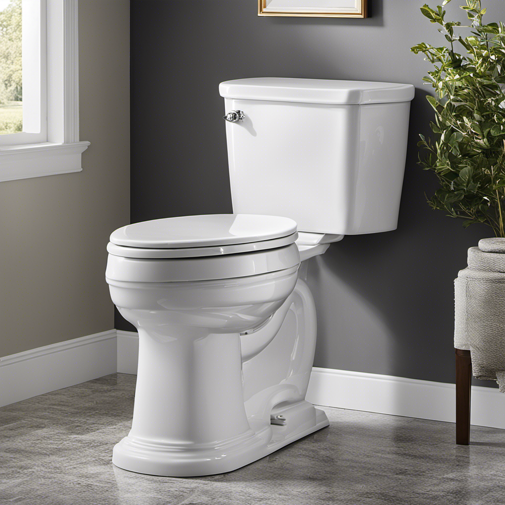 An image showcasing a sleek, white comfort height elongated toilet with a powerful Aquapiston flush