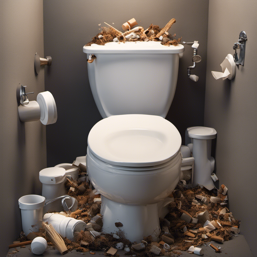 An image of a toilet bowl filled with debris, hair, and toilet paper, causing a clog