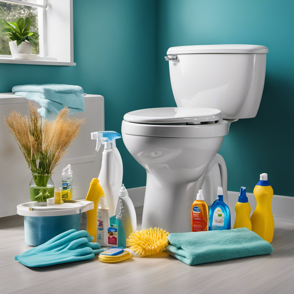 An image featuring a sparkling clean toilet bowl, surrounded by a variety of cleaning supplies such as gloves, scrub brushes, disinfectant spray, and mold prevention products