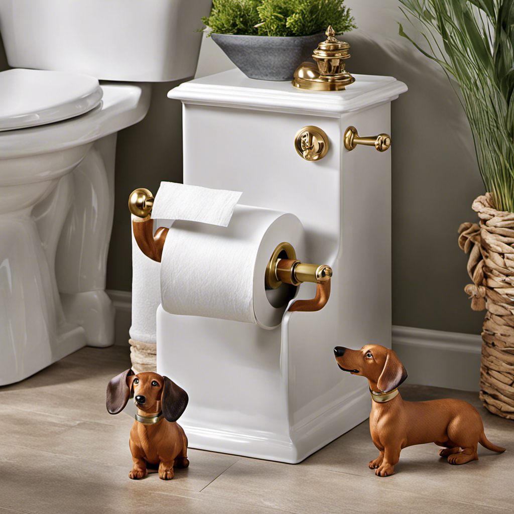 An image of a bathroom with a dog-themed toilet paper holder, featuring a lifelike ceramic Dachshund with a wagging tail, playfully holding the roll in its mouth, adding charm and practicality to any dog lover's home