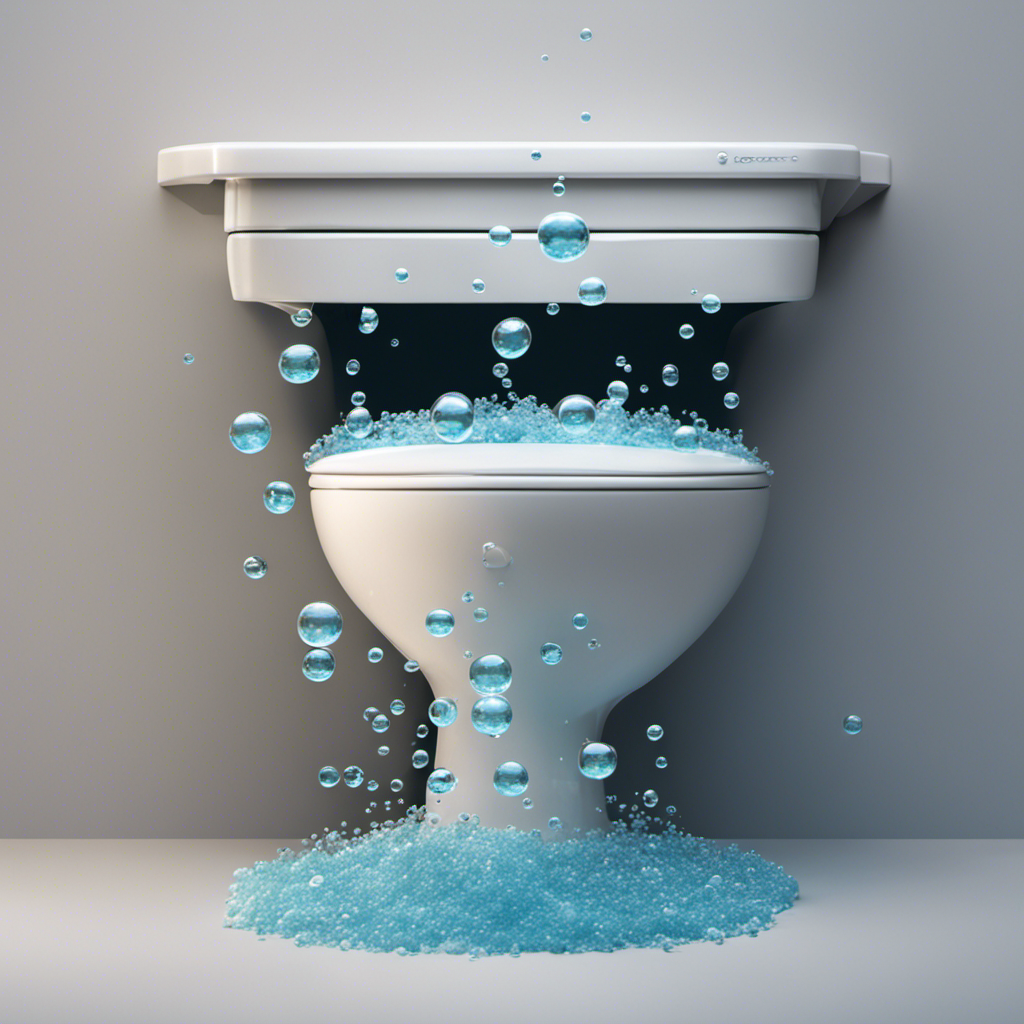 An image that portrays a close-up view of a toilet bowl filled with frothy bubbles, as water forcefully cascades down from above, symbolizing the surprising impact of an upstairs flush on a downstairs toilet