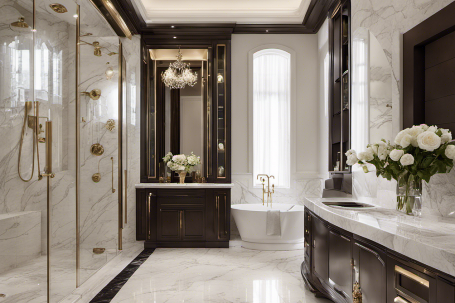An image showcasing a pristine, opulent bathroom featuring durable tiles