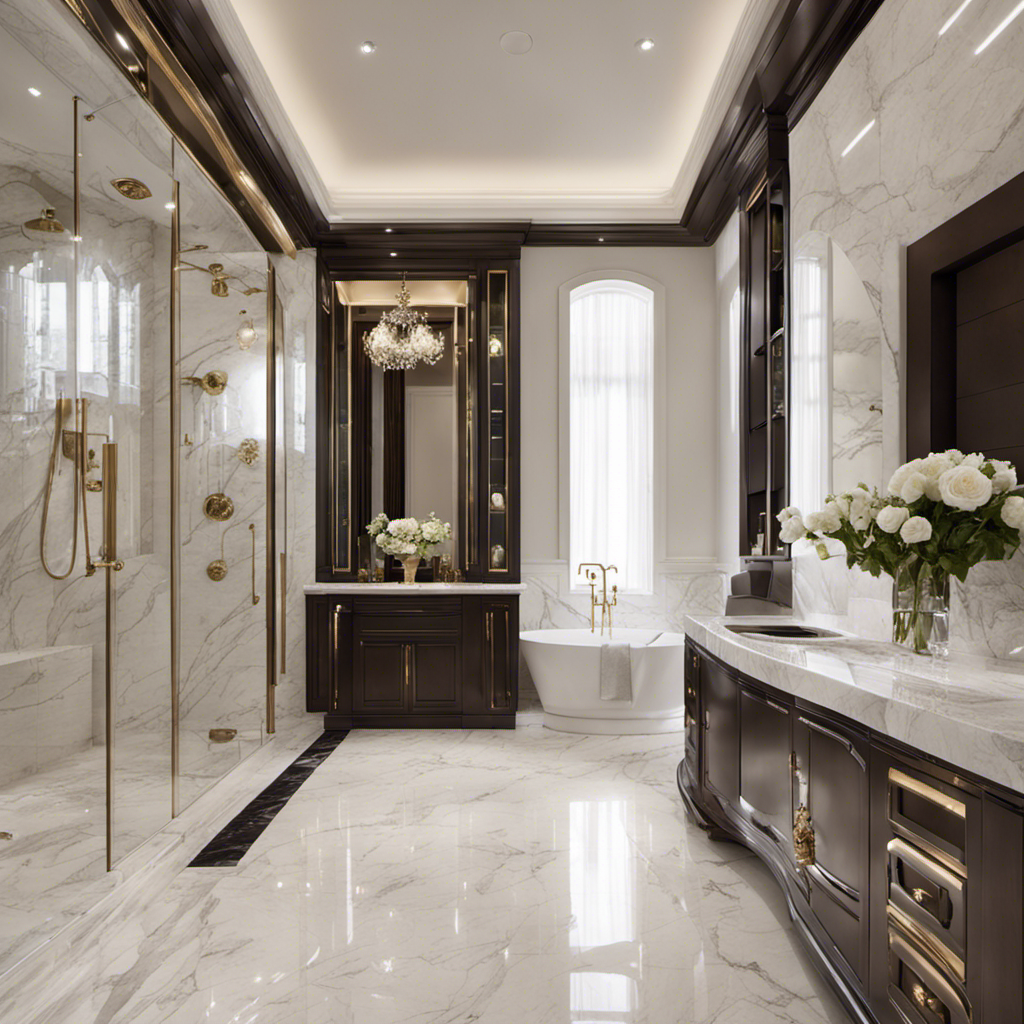 An image showcasing a pristine, opulent bathroom featuring durable tiles