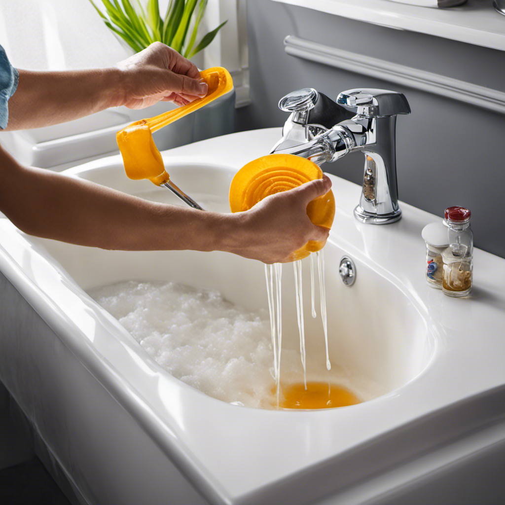 An image showcasing a close-up view of a clogged bathtub drain, with vibrant water overflowing and a pair of hands equipped with a plunger, hair removal tool, and baking soda/vinegar mixture ready to tackle the clog