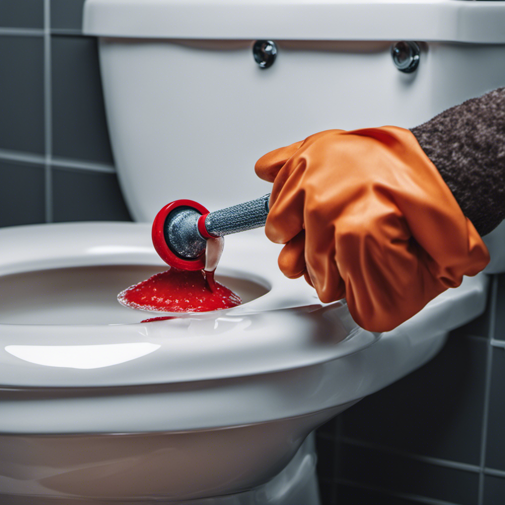An image showcasing a close-up view of a plumber's gloved hand gripping a powerful plunger, exerting force to unclog a toilet bowl filled with soapy water, while a determined expression reflects in their eyes
