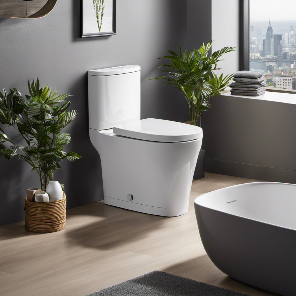 An image showcasing the sleek design and compact size of a tankless toilet, highlighting its eco-friendly features like water-saving mechanisms, energy-efficient operation, and cutting-edge technology, all visually depicted