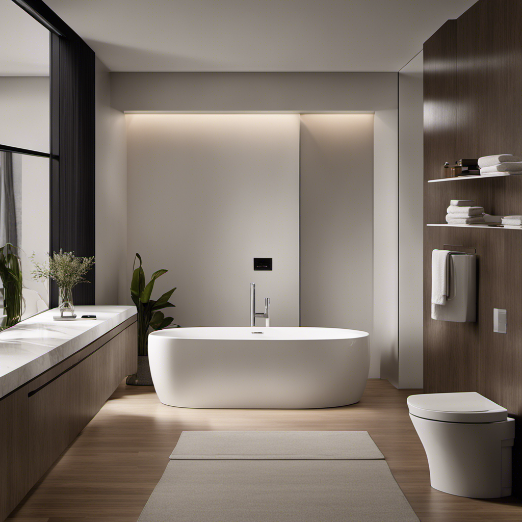 An image showcasing a modern bathroom with the TOTO Nexus Toilet as its centerpiece: minimalist design, smooth lines, and advanced features like water-saving technology and a comfortable seat, emphasizing efficiency and sleekness