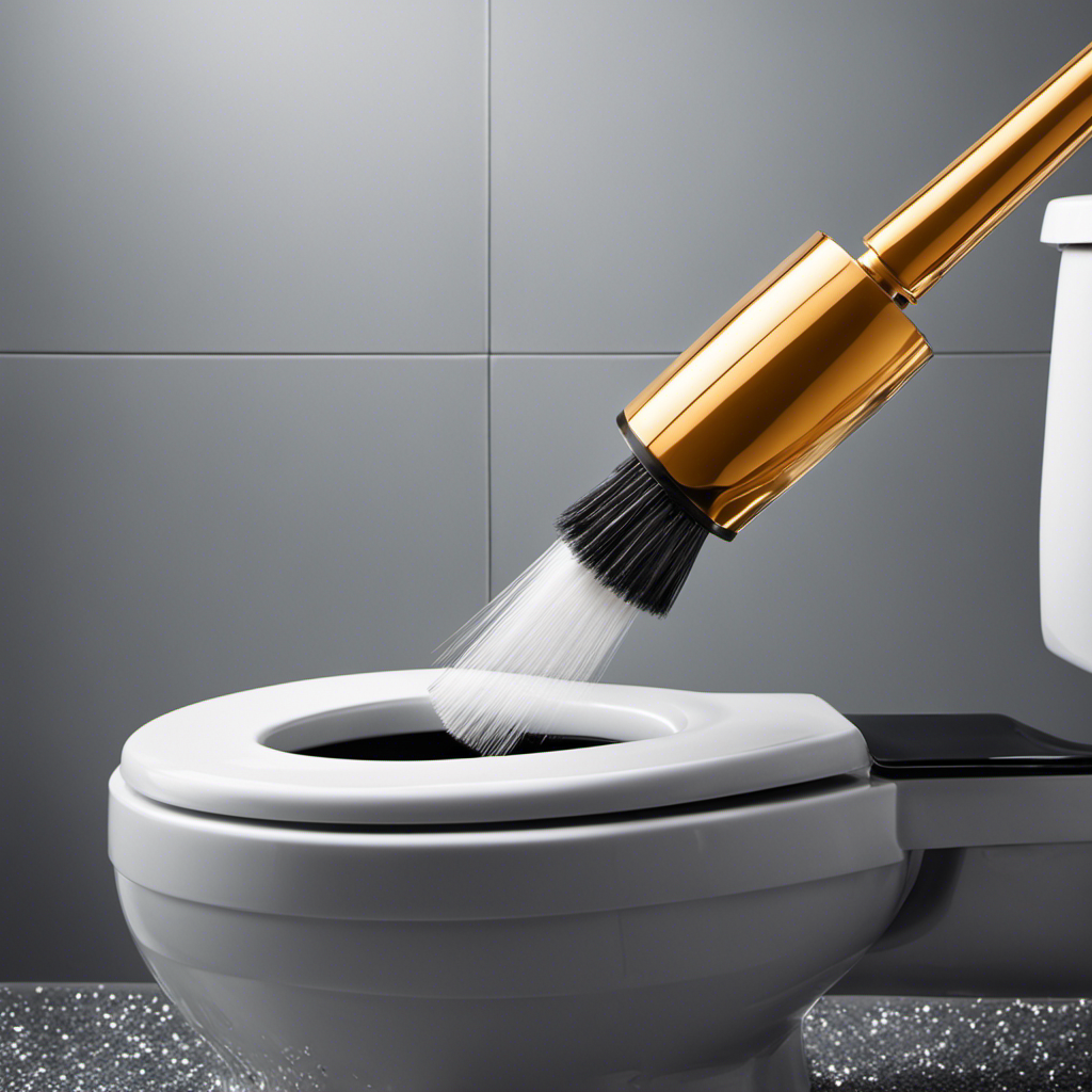 An image showcasing a close-up view of a sparkling toilet siphon jet being expertly cleaned with a specialized brush, removing debris effortlessly