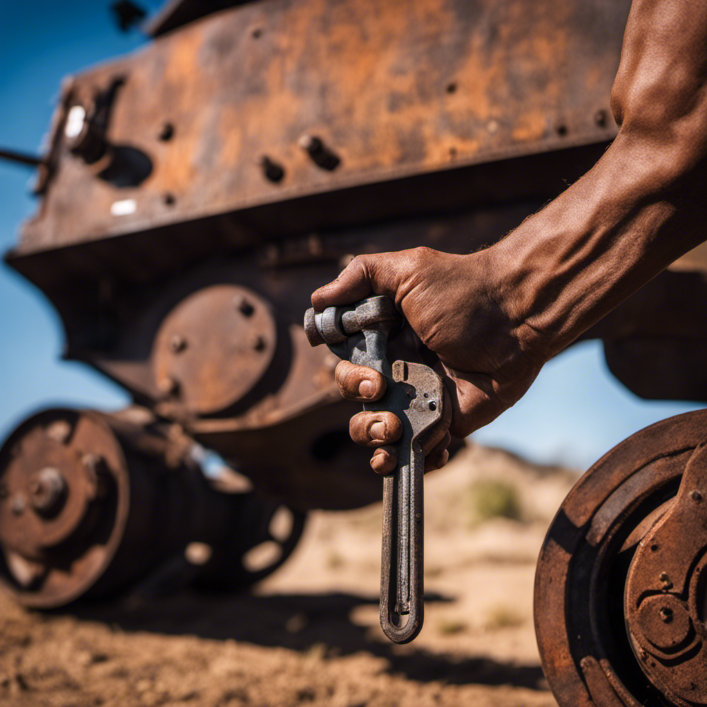 An image showcasing a pair of strong hands gripping a rusted tank bolt with a specialized wrench, applying controlled force to effortlessly loosen it
