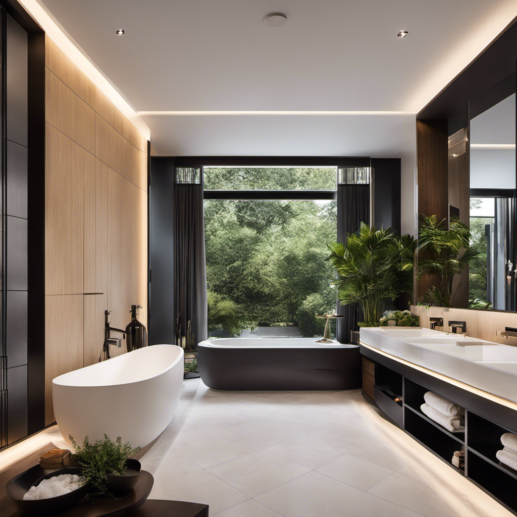 An image showcasing an ensuite bathroom remodel: a sleek vanity with hidden compartments for toiletries, a luxurious tub surrounded by candles and greenery, and a minimalist design that maximizes space and exudes tranquility