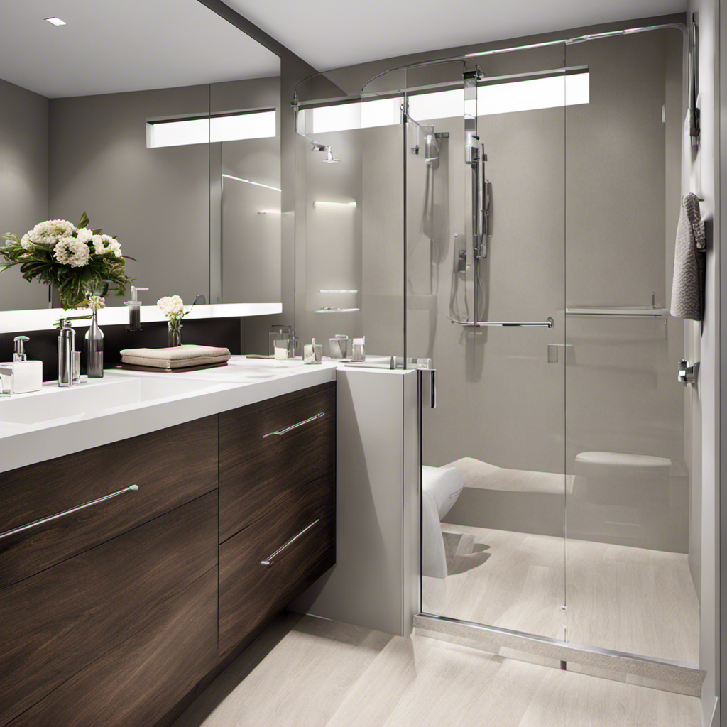 An image that showcases a modern bathroom with sleek grab bars strategically placed near the toilet and shower area