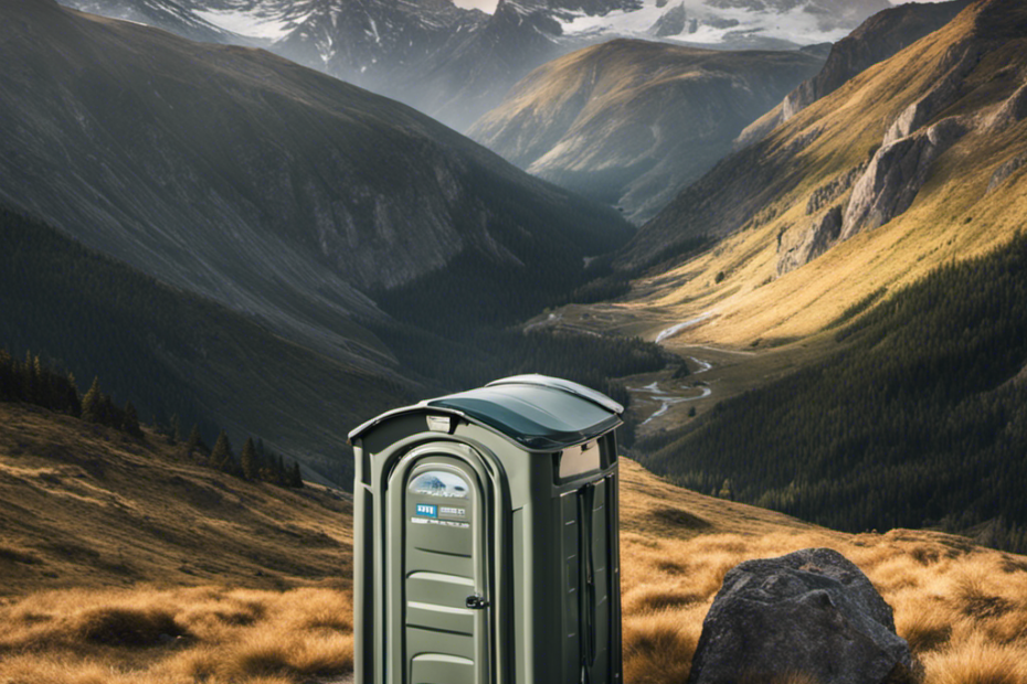 An image showcasing a panoramic view of a breathtaking mountain landscape, with a hiker using a compact, lightweight portable toilet discreetly tucked away amidst the picturesque scenery