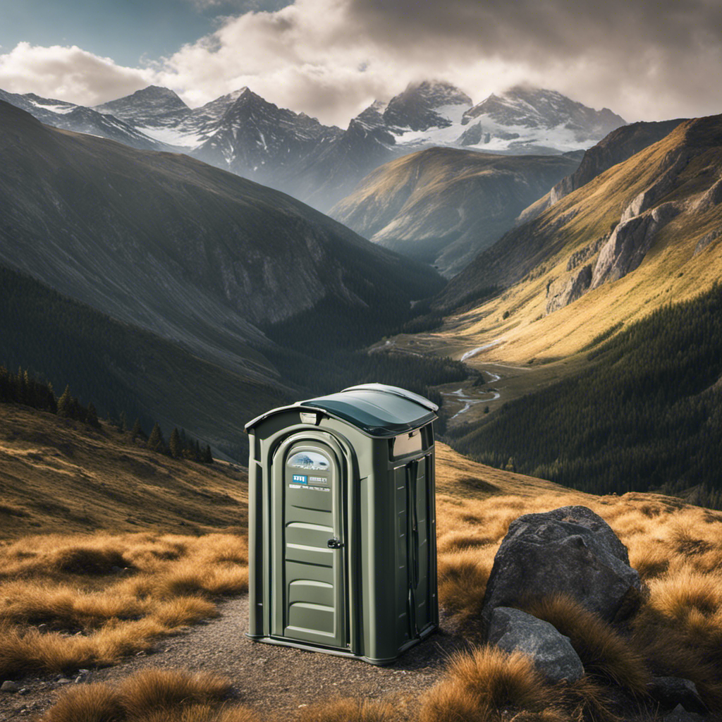 An image showcasing a panoramic view of a breathtaking mountain landscape, with a hiker using a compact, lightweight portable toilet discreetly tucked away amidst the picturesque scenery