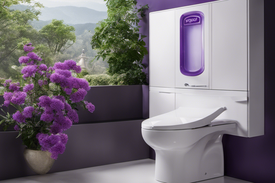 An image of a pristine white toilet tank with a transparent container of vibrant purple Fabuloso nestled inside