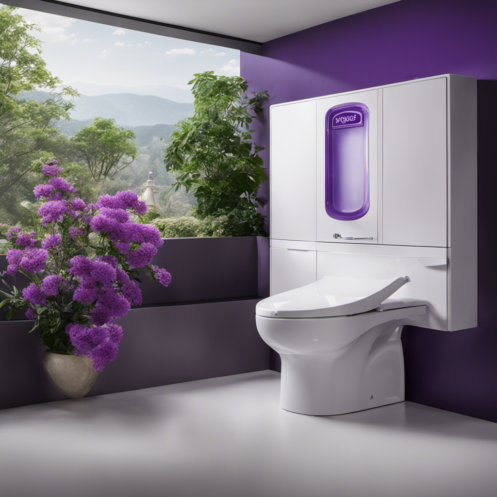 An image of a pristine white toilet tank with a transparent container of vibrant purple Fabuloso nestled inside
