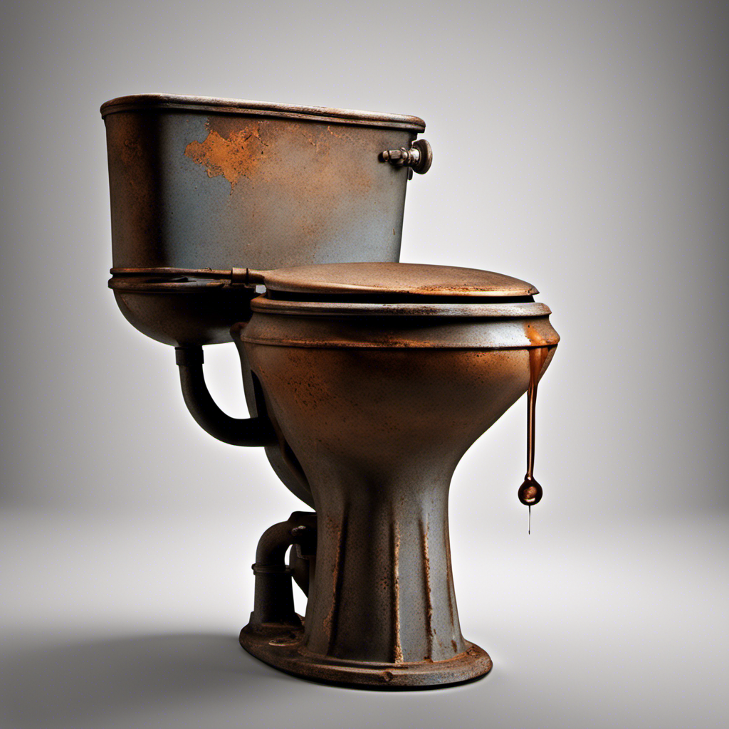 A minimalist image depicting a weathered, cracked toilet bowl surrounded by rusted pipes and a leaking tank