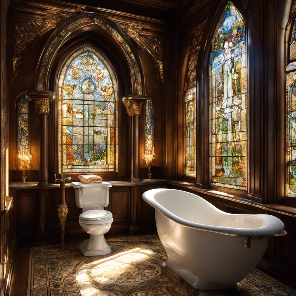 An image showcasing a serene bathroom scene with a regal antique toilet