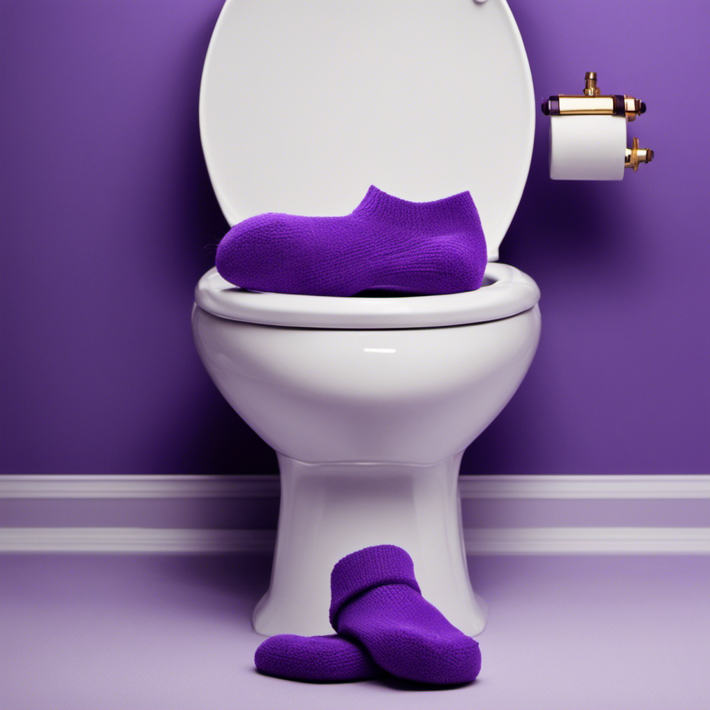An image that showcases a pair of feet, clad in purple socks, resting on a porcelain toilet seat