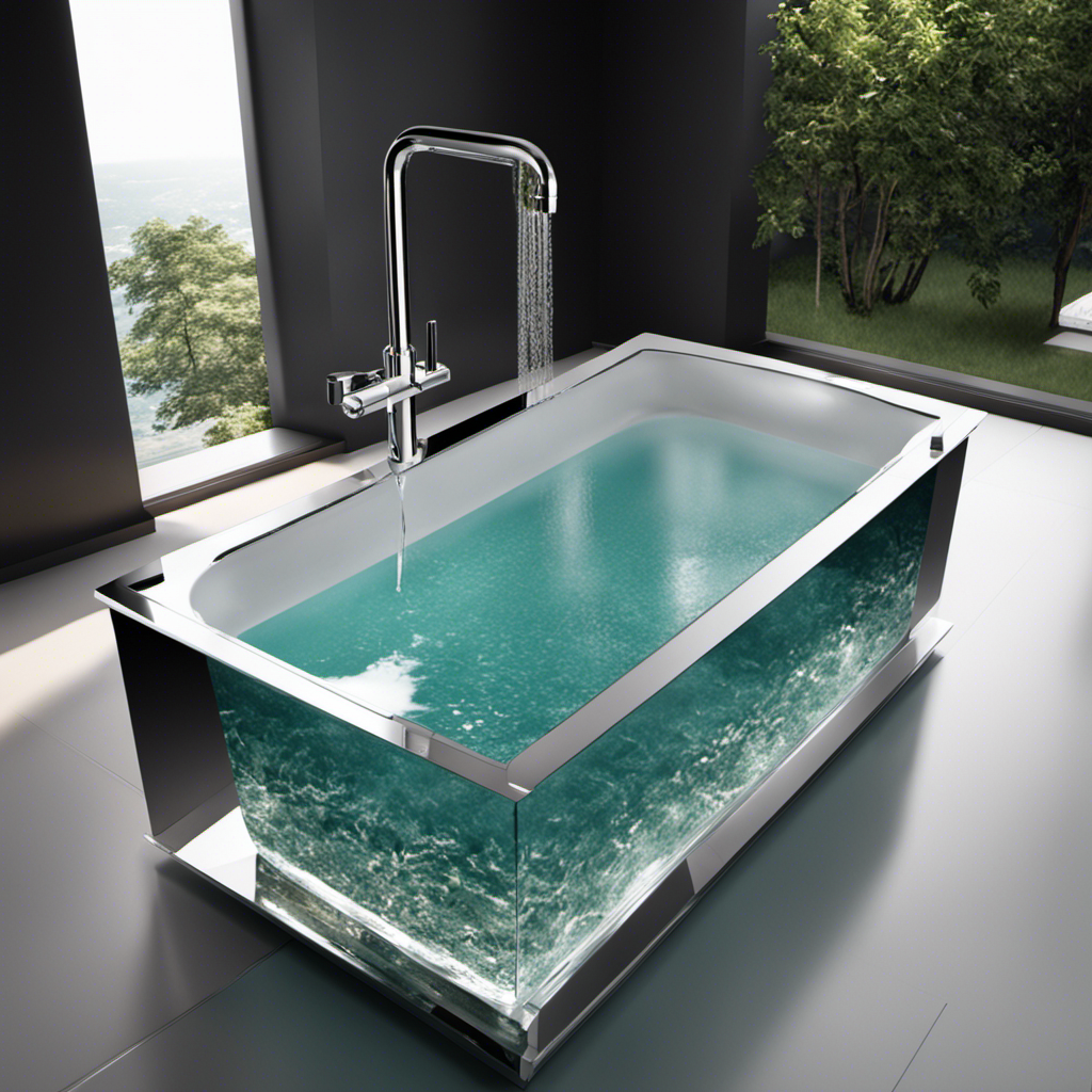 An image showcasing a sleek, modern bathtub filled halfway with crystal-clear water