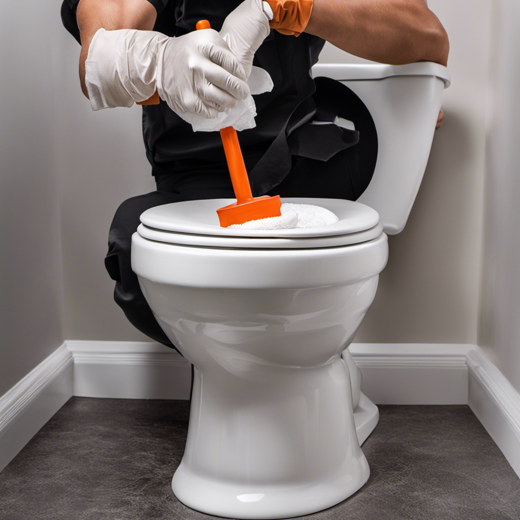 An image of a person wearing rubber gloves, holding a plunger, and using paper towels to unclog a toilet