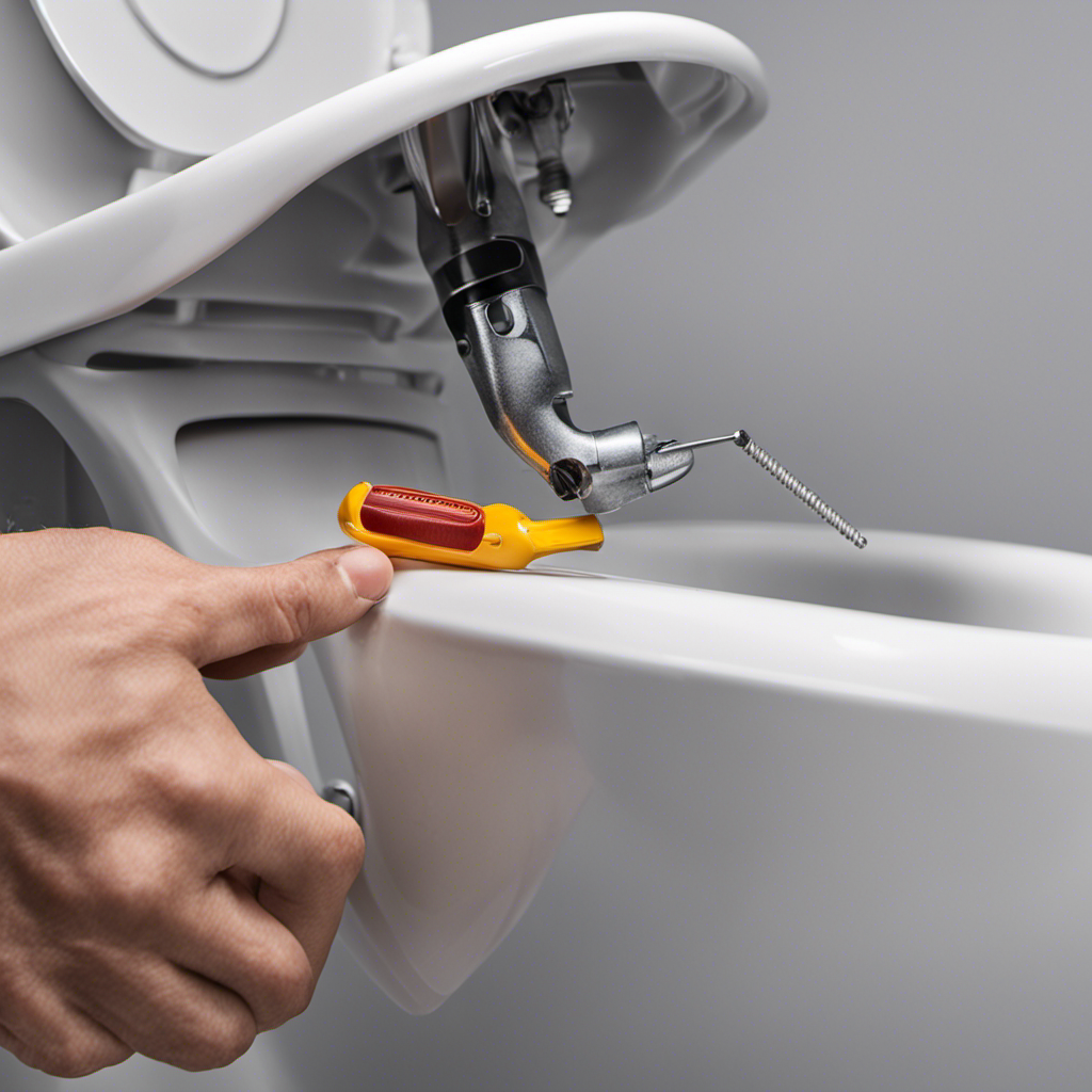 An image capturing a close-up view of a hand holding a screwdriver, effortlessly tightening the loose screws of a wobbly toilet seat, showcasing the simple and effective solutions to fix its instability