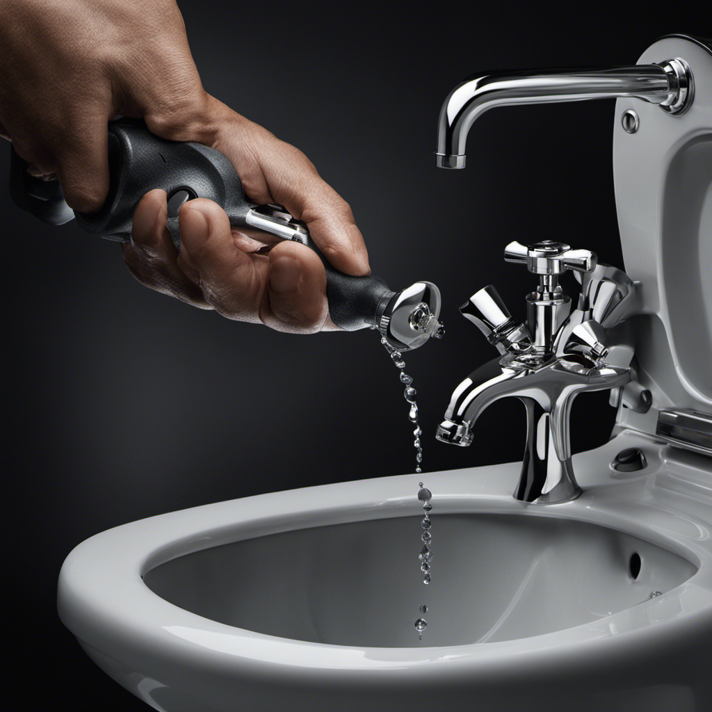 An image of a pair of hands gripping a wrench, turning a valve on a toilet tank