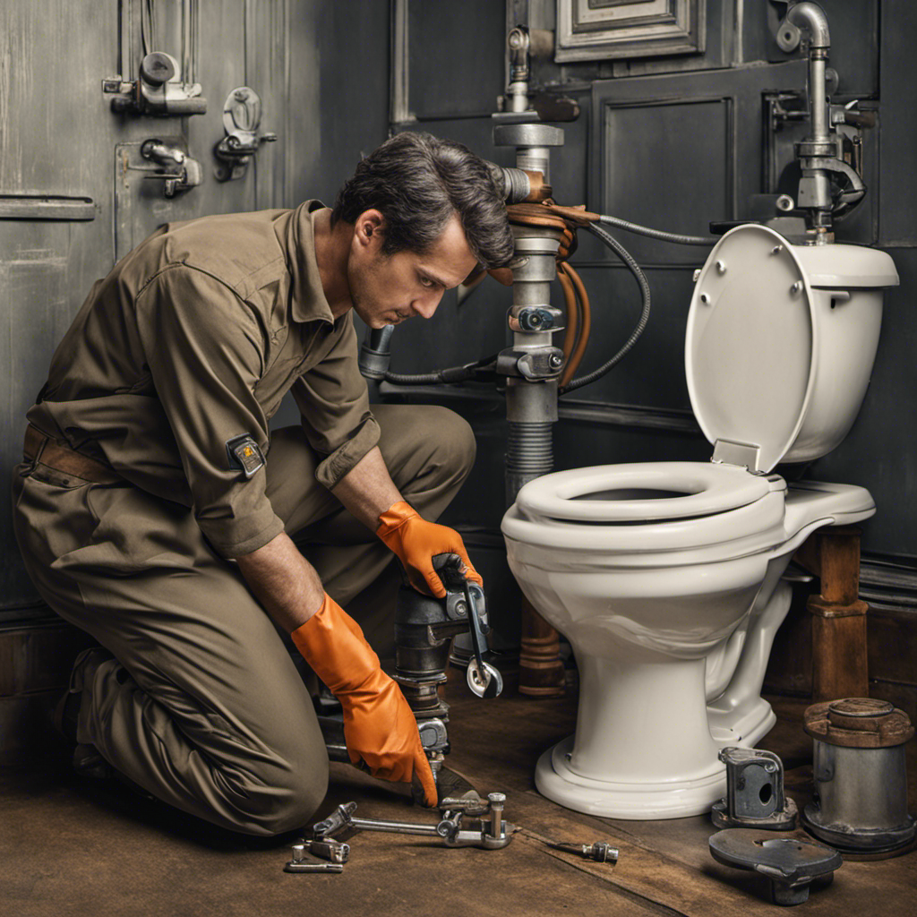 An image of a person wearing gloves, holding a wrench, kneeling beside a running toilet