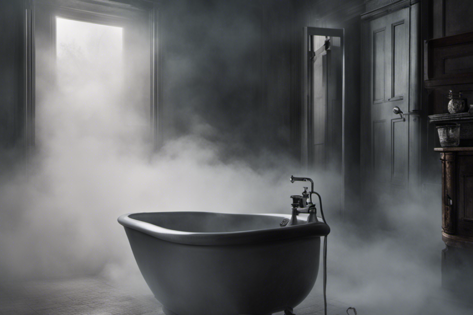 An image portraying a misty bathroom scene enveloped in ghostly fog, with a toilet appearing amidst the haze