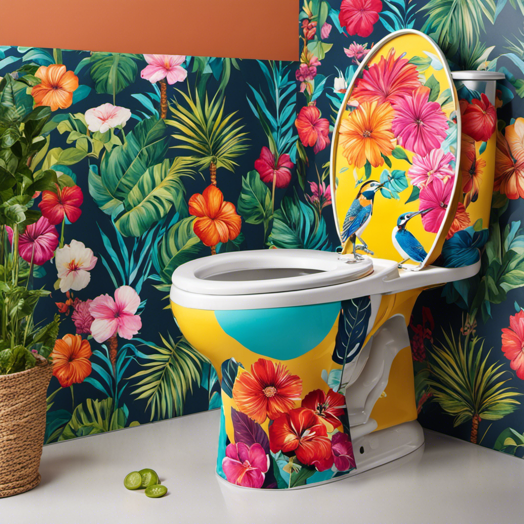 An image showcasing an array of vibrantly colored, patterned toilet seats that transform your bathroom into a whimsical wonderland