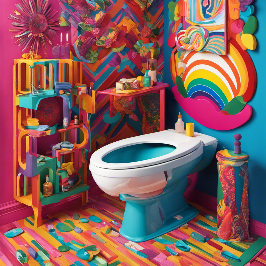 An image showcasing a vibrant bathroom scene with a surreal, rainbow-colored toilet seat adorned with playful patterns and eye-catching designs