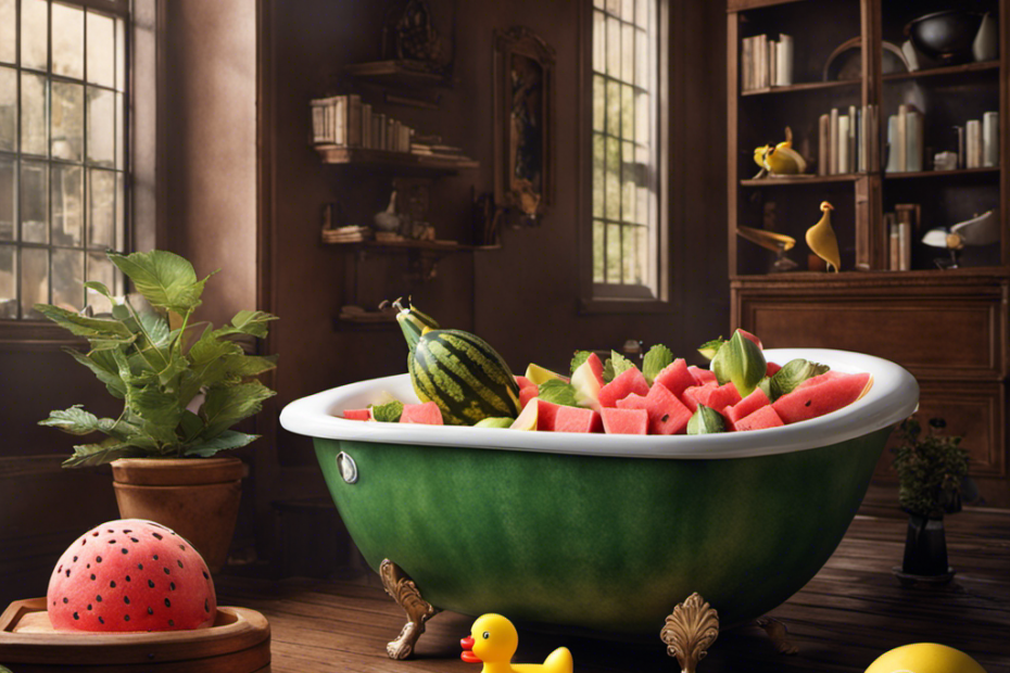 An image showcasing a spacious bathtub filled with various objects, including a feather, a brick, a rubber duck, a tennis ball, and a watermelon, to explore which of these would float