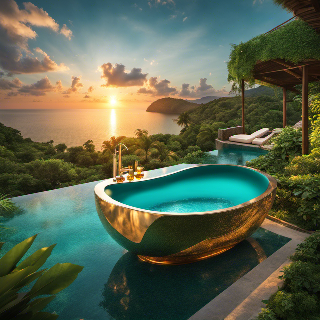 An image showcasing a massive, luxurious bathtub floating effortlessly on sparkling turquoise water, surrounded by lush greenery and framed by a breathtaking sunset, evoking a sense of tranquility and indulgence