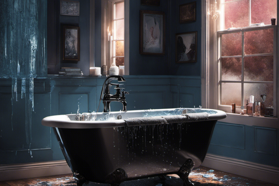 An image capturing the haunting essence of Hannah's bathtub scene from 13 Reasons Why: a dimly lit bathroom with a steamy mirror, shattered glass on the floor, and a solitary cassette tape floating in the water
