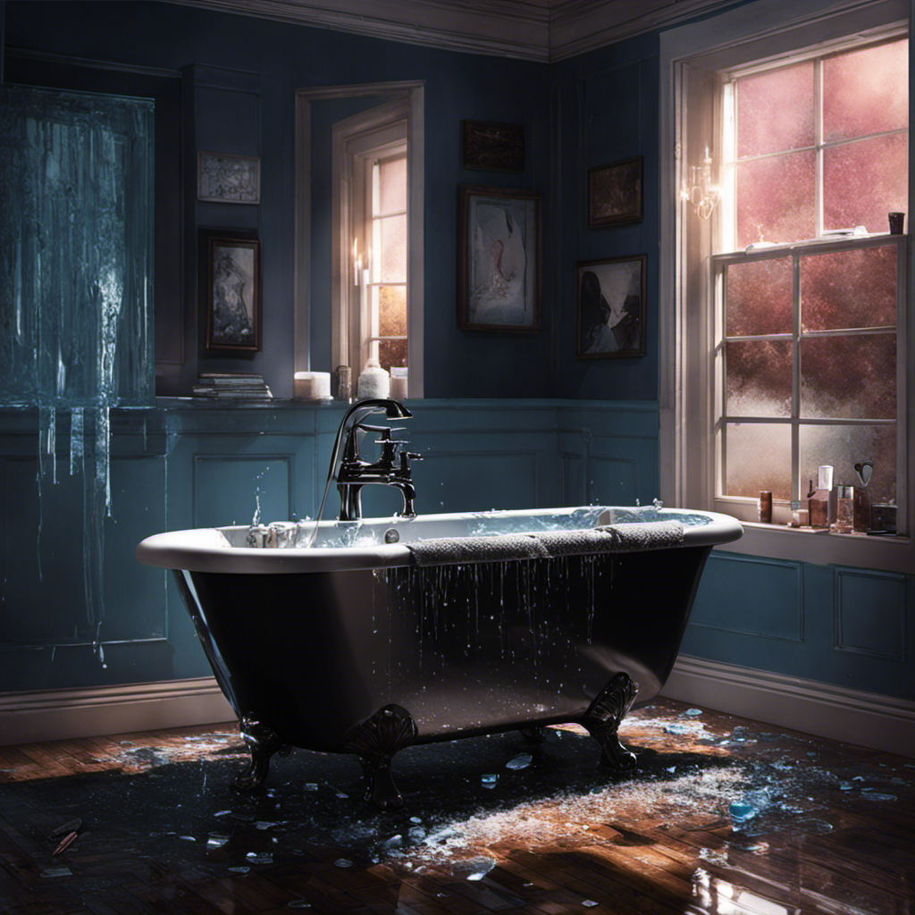 An image capturing the haunting essence of Hannah's bathtub scene from 13 Reasons Why: a dimly lit bathroom with a steamy mirror, shattered glass on the floor, and a solitary cassette tape floating in the water