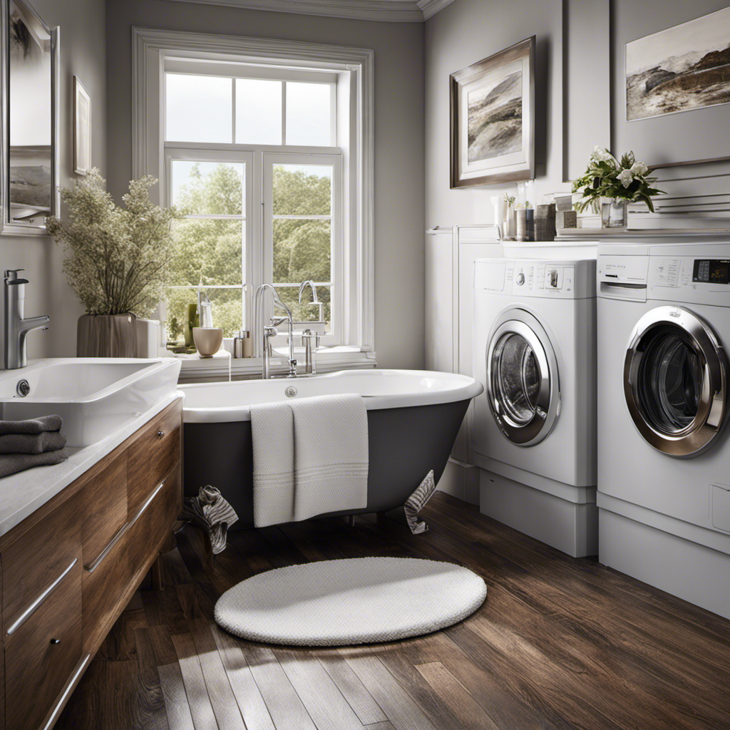 An image showcasing a residential bathroom, with a clogged pipe connecting the bathtub and washing machine