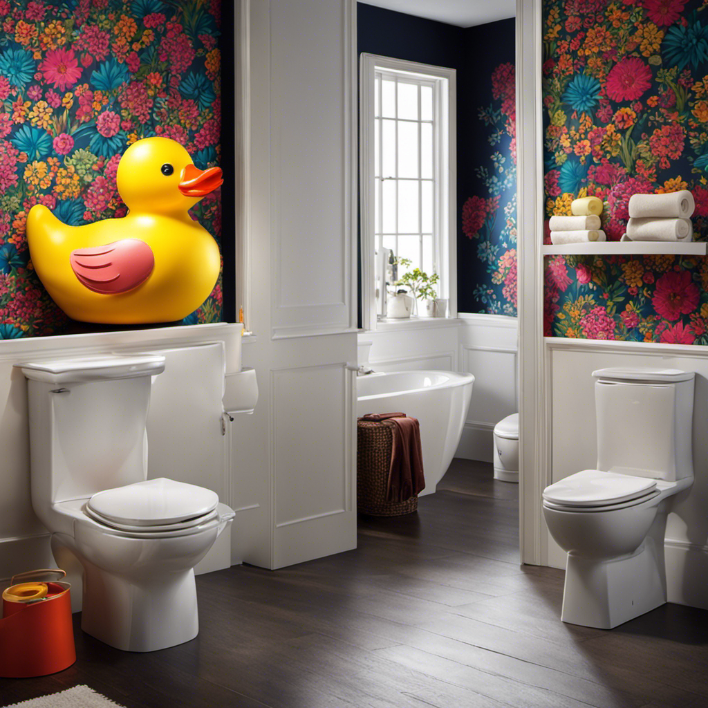 An image capturing a bathroom adorned with quirky toilet paper holders