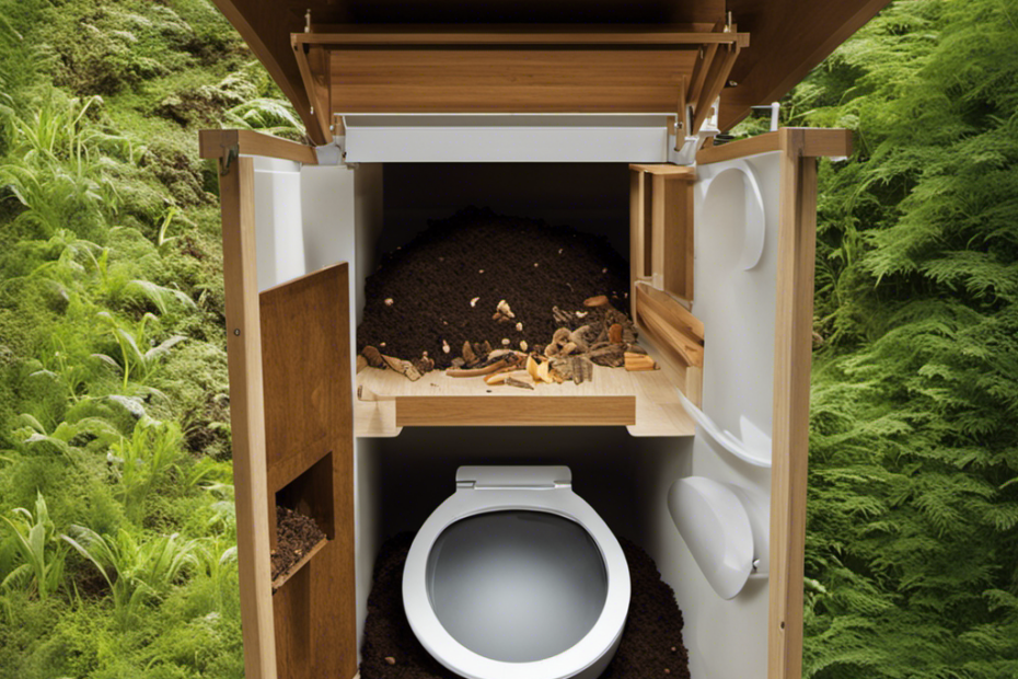 An image showcasing a cross-section of a composting toilet: vibrant, nutrient-rich waste materials are carefully deposited into the chamber, while natural decomposition processes take place, transforming waste into fertile soil