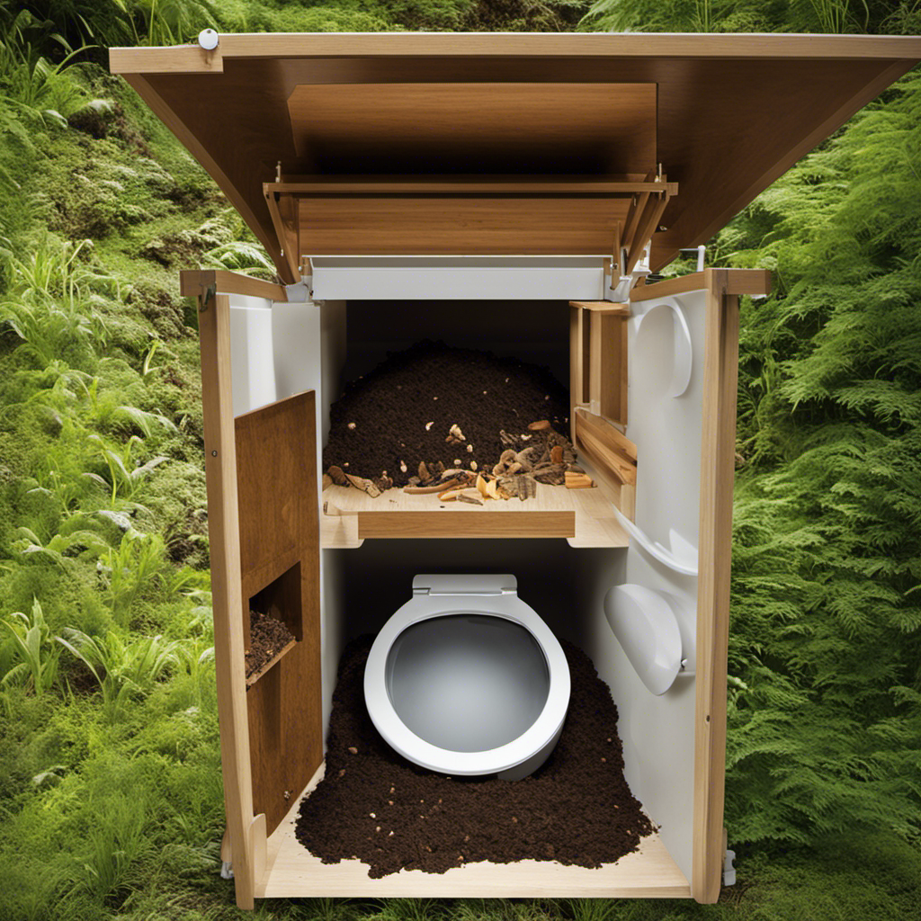 An image showcasing a cross-section of a composting toilet: vibrant, nutrient-rich waste materials are carefully deposited into the chamber, while natural decomposition processes take place, transforming waste into fertile soil
