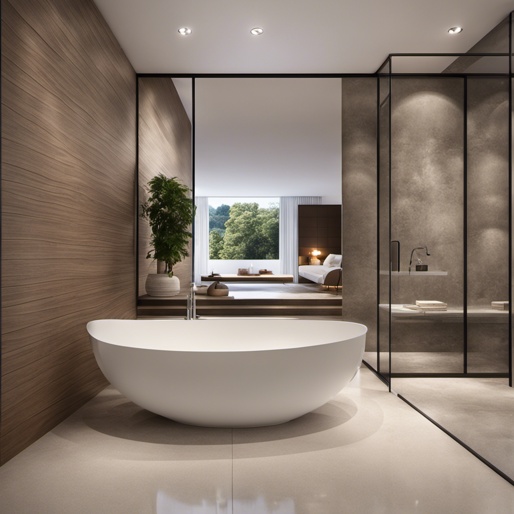 a serene bathroom scene with a spacious, rectangular porcelain bathtub