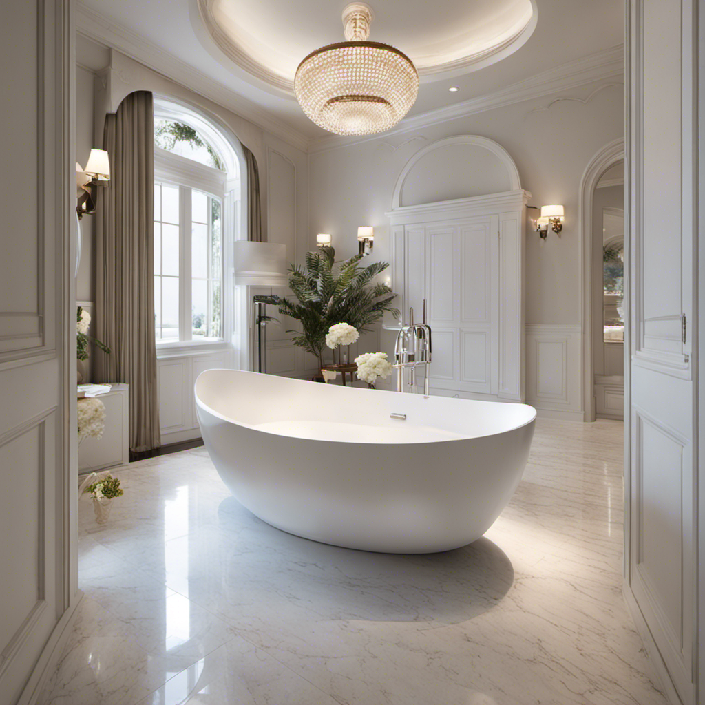 An image showcasing a serene bathroom setting with a spacious, oval-shaped bathtub adorned with elegant white tiles, fittingly accommodating two adults comfortably, highlighting the true dimensions of an average bathtub