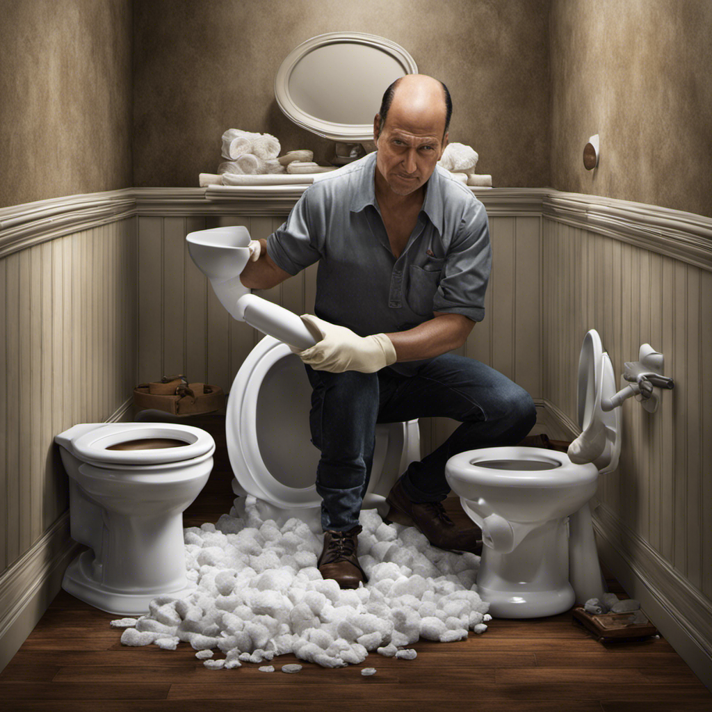 An image depicting a person wearing rubber gloves, holding a plunger, leaning over a clogged toilet