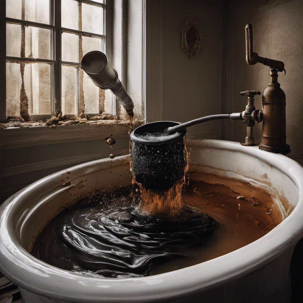 An image showcasing a person wearing gloves, using a plunger with force to unclog a bathtub drain