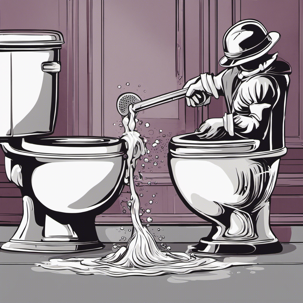 An image of a person wearing rubber gloves, holding a bucket of hot water, and pouring it into a toilet bowl