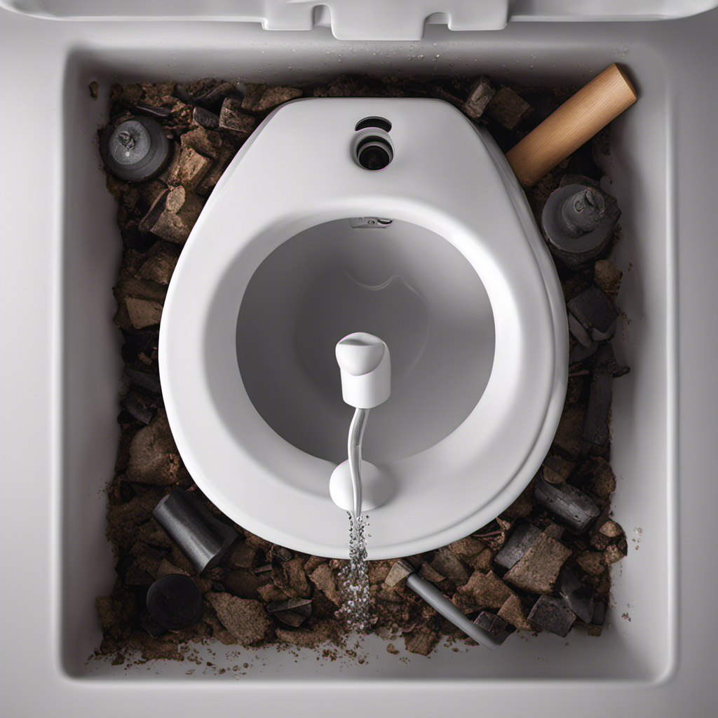 An image showcasing a close-up view of a plunger positioned over a toilet bowl, with water and debris visibly expelled from the drain, illustrating the process of unclogging a toilet effectively
