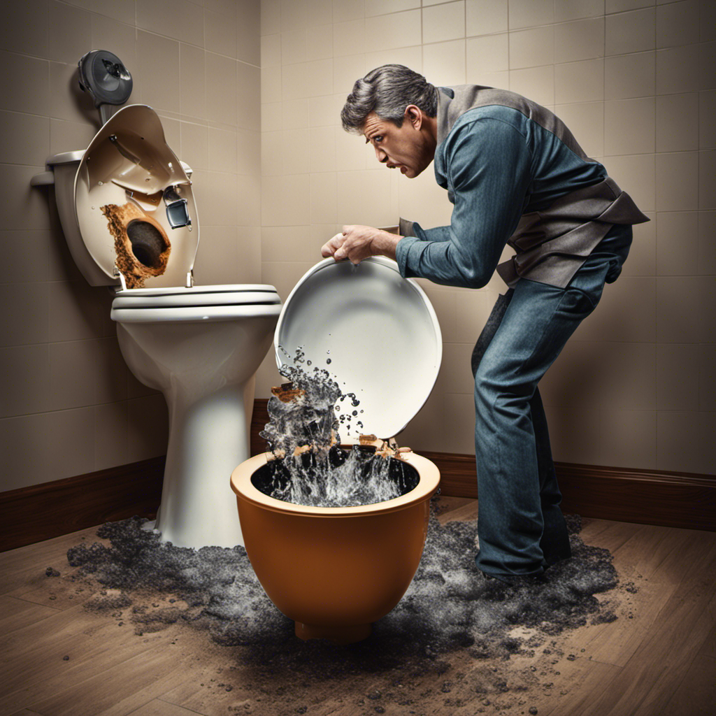An image depicting a frustrated person standing in front of a partially clogged toilet