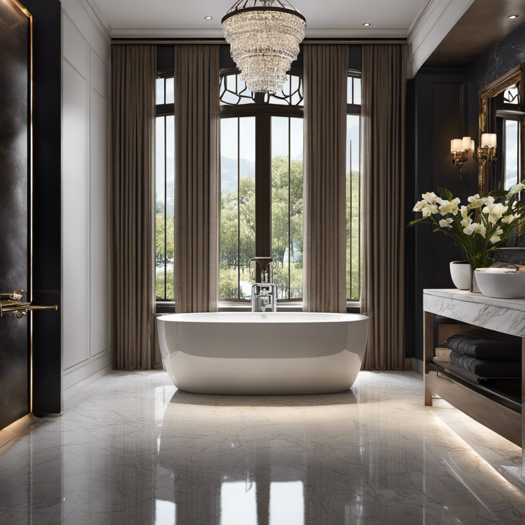 An image showcasing a spacious, serene bathroom with a standard bathtub brimming with crystal-clear water, inviting viewers to immerse themselves in its depths and explore the depths of relaxation