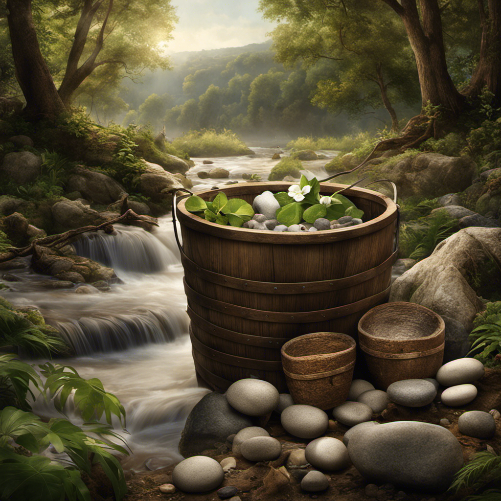 An image that portrays an ancient scene: a wooden bucket filled with water, a pile of smooth stones, and a leafy twig, all arranged near a riverbank, depicting the ingenuity of hygiene practices before the advent of toilet paper