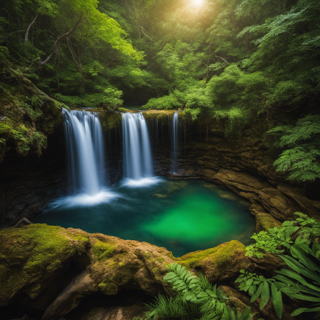 An image capturing the mystique of the Devil's Bathtub: A hidden emerald pool nestled amidst rugged cliffs, water cascading from above, surrounded by lush foliage, its name whispered by a veil of enchantment