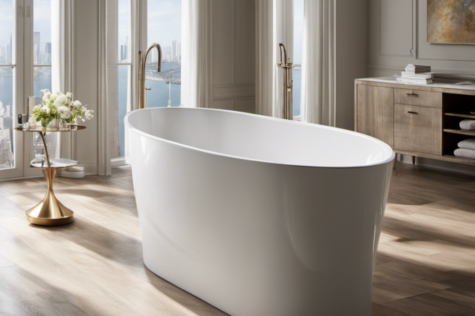 An image capturing a sparkling white bathtub with gleaming porcelain, reflecting the soft natural light