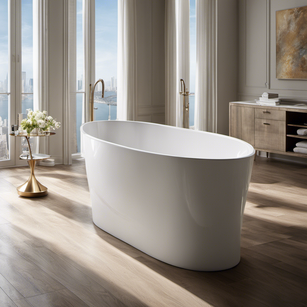 An image capturing a sparkling white bathtub with gleaming porcelain, reflecting the soft natural light
